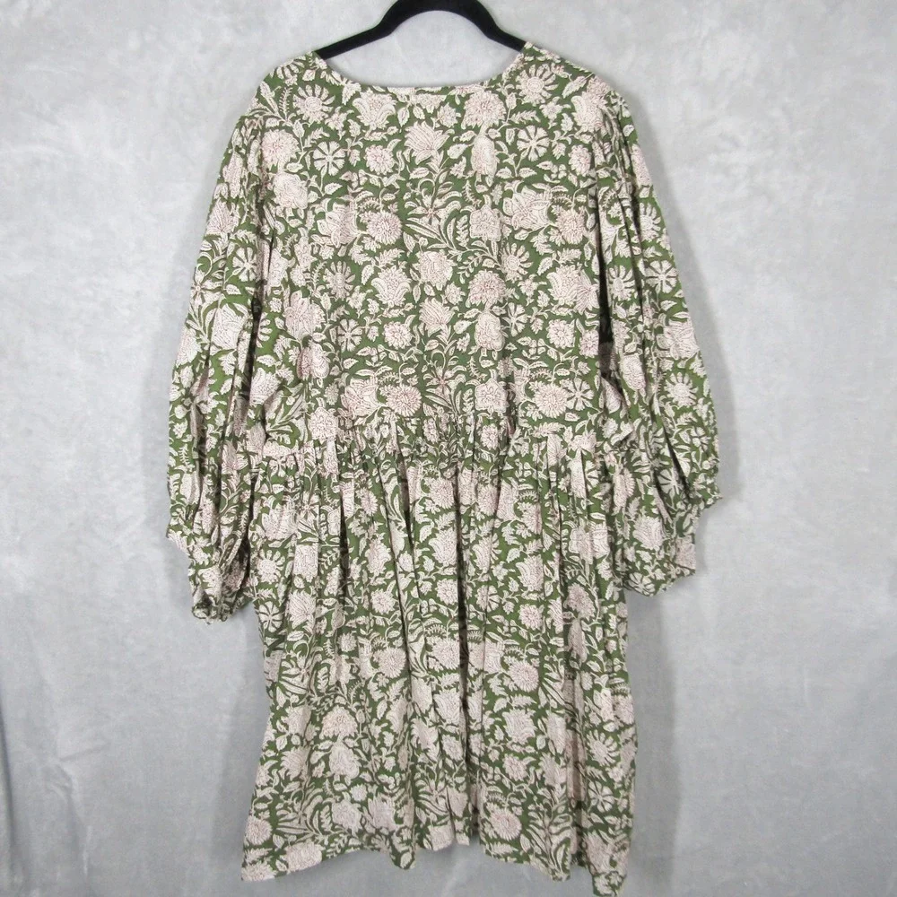 House of Sundar Mini Dress XXL Floral Print Green Pink Cotton Tie Neck - Picture 10 of 11